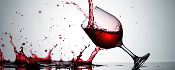 Naklejka premium Red wine spills from overturned glass. Dynamic liquid splashes and droplets form abstract shapes. Clean backdrop offers ample copy space for your design projects.