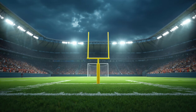 American football stadium at night. Sport arena with goalpost, soccer net. Green lawn, tribune with spectators. Football field ready for game, championship. Modern design. Outdoors competition space.
