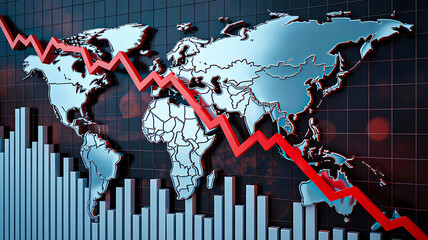World map with red downward graph line showing global financial crisis, market recession, economic decline and falling business trends