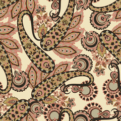 Boho-style vector seamless paisley pattern with flowers, great for fashion, wrapping paper, and home decor.