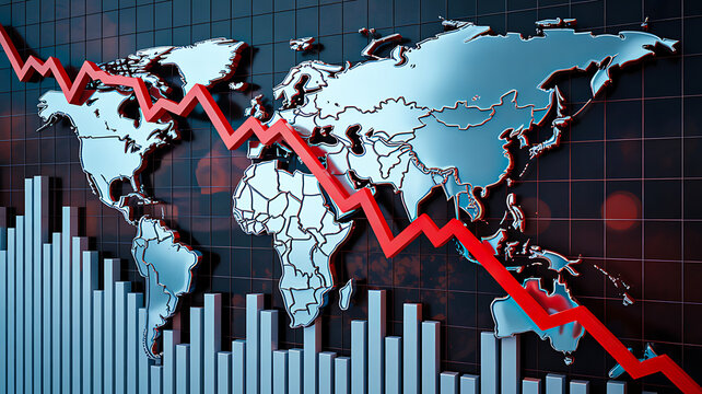 World map with red downward graph line showing global financial crisis, market recession, economic decline and falling business trends