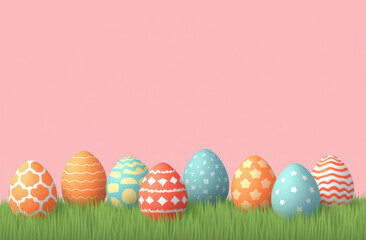 Colorful Easter eggs in green grass with pink background. Copy space for text