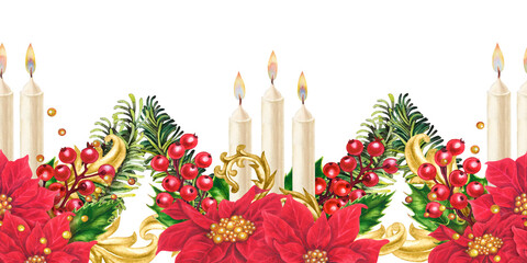 Seamless border featuring red Christmas poinsettias, holly berries, burning candles, vintage gold decor on a white background. Watercolor pattern for invitation, greeting card, tablecloths, home decor