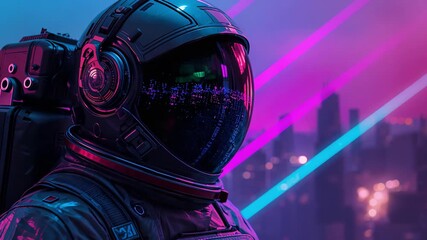 Vigilant astronaut surveys illuminated urban skyline at night - Powered by Adobe