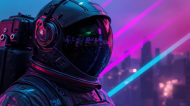 Vigilant astronaut surveys illuminated urban skyline at night