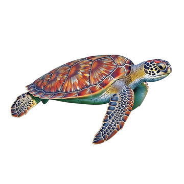 Detailed illustration of a sea turtle with vibrant shell patterns swimming isolated on a transparent background