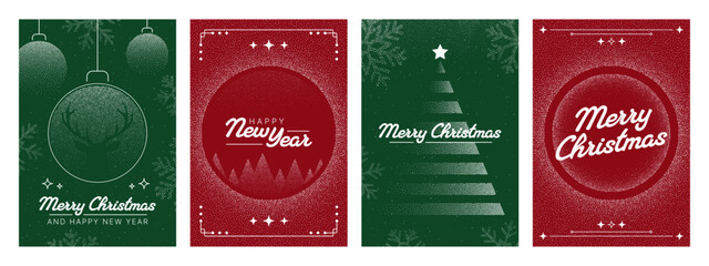 Set of four christmas and Happy New Year vector card designs with festive elements. Holiday season greeting and winter celebration concept.