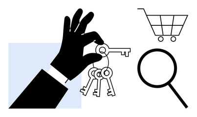 Obraz premium Hand holds keys symbolizing access, paired with a magnifying glass and shopping cart for search, e-commerce, discovery. Ideal for security, strategy, retail, research, online services access
