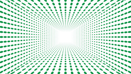 Green halftone tunnel dots pattern, optical perspective illusion background, abstract geometric vector design, modern digital symmetry concept with 3D visual depth effect