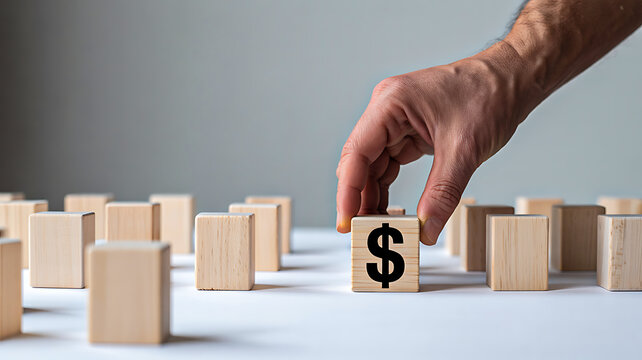 Choosing financial success concept with hand picking dollar symbol block among many options, investment decision and money growth