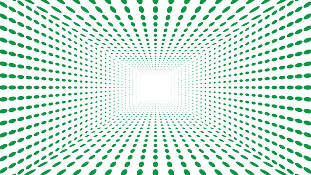 Green halftone tunnel dots pattern, optical perspective illusion background, abstract geometric vector design, modern digital symmetry concept with 3D visual depth effect