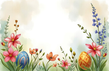 Happy Easter concept picture painted in watercolor. Colorful Easter eggs with flowers