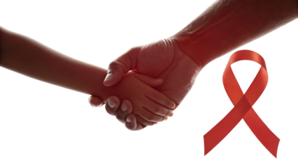 Adult and Child Hands Shaking with Red Ribbon for AIDS Awareness
