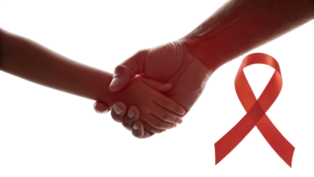 Adult and Child Hands Shaking with Red Ribbon for AIDS Awareness