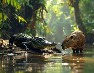 A crocodile resting on the river edge while a capybara drinks water nearby, both species sharing the same natural habitat in a lush tropical forest