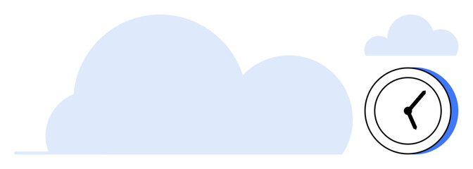 Large and small clouds paired with a clock focusing on time management and digital data connection. Ideal for productivity, data backup, organization, technology, planning, timeliness, efficiency