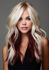Naklejka premium A captivating portrait of an elegant woman with long, flowing burgundy hair and chunky platinum highlights that frame her face in studio lighting with a romantic mood and cinematic photography.