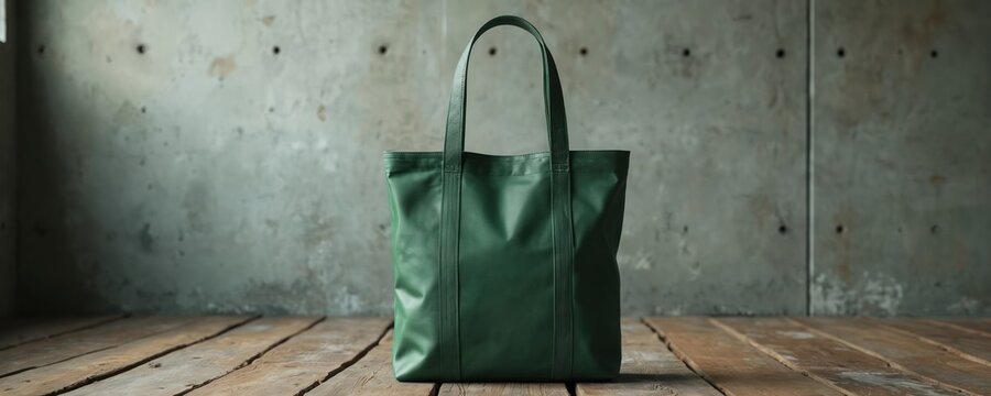 Green reusable shopping tote bag stands on rustic wooden floor. Canvas eco-friendly accessory minimalist design. Empty, perfect for mockups, sustainable fashion ads, grocery store promos. Concrete