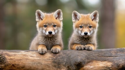 Obraz premium Two Adorable Red Fox Cubs Curiously Observing from a Log in Nature
