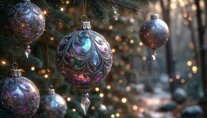 Colorful Christmas ornaments hanging on pine tree in winter forest  