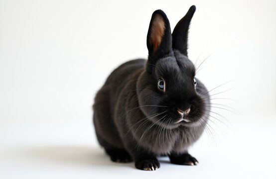 Cute black rex rabbit sits on clean white studio background. Small fluffy pet with long upright ears, bright blue eyes, white whiskers looks forward. Adorable furry animal, young mammal, domestic