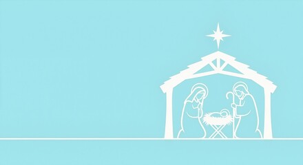 Naklejka premium Minimalist nativity scene illustration. White silhouette of holy family with baby Jesus in manger under star of Bethlehem. Christian Christmas holiday background with copy space
