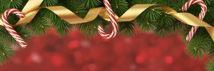 Festive Christmas border, pine branches, candy canes, golden ribbon, red bokeh background, holiday banner, elegant design, seasonal celebration, joyful mood, classic colors.