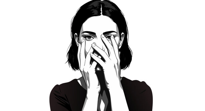 Young woman covering her face with her hands in abstract hand-drawn shading black and white style