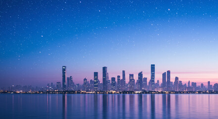 Cinematic Blue Hour City Skyline with Pastel Stars