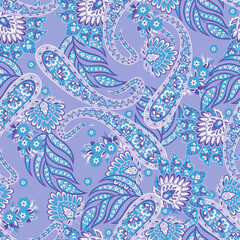 Paisley vector seamless design flowers and leaves in a batik-inspired style. Vintage fabric backdrop