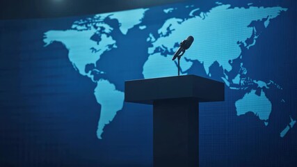 Stage podium with backdrop of world map and globe.