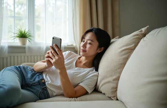 Young Asian woman relaxes on modern sofa at home by window. Holds smartphone, using digital tech for online communication, chatting with friends perhaps seeking virtual counseling. Female looks happy