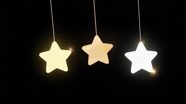 A seamless loop of three cute, glowing stars (gold and white) hanging and swaying. This element has a black background for holiday or party overlays.