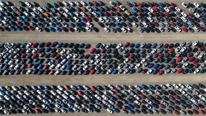 Fototapeta premium Aerial View of Parked Cars at Copart yard, York, UK.