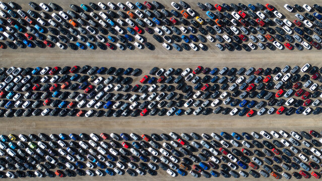 Aerial View of Parked Cars  at Copart yard, York, UK.