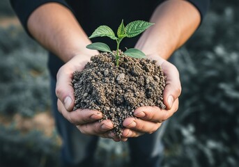 Hands Holding Soil with Young Plant - Nurturing Growth and Sustainability.