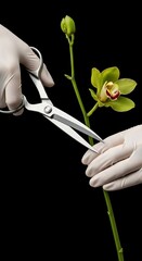 Orchid Pruning - Hands in Gloves Cutting Flower Stem.