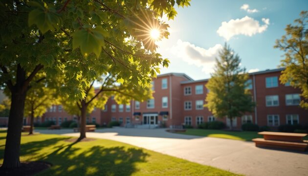 American school building exterior with red brick walls, green lawn. Trees, benches in front of building. Sunny day with blue sky, clouds. Typical school campus with sidewalk, grassy area. Brick - Powered by Adobe