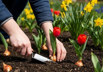Planting Tulip Bulbs in Spring Garden with Daffodils.