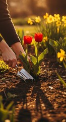 Planting Tulips in the Spring Garden at Sunset.