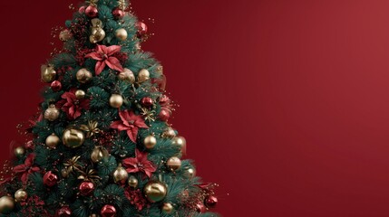 Árbol de Navidad decorado con adornos de color dorado y rojo sobre fondo de color rojo