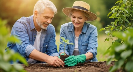 Senior couple gardening together, planting a seedling in their garden.