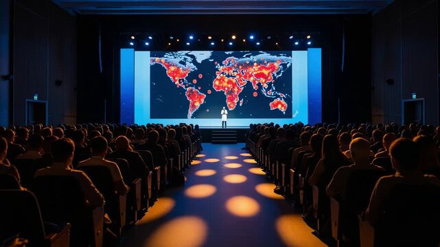 Large audience admires bright map and dynamic conference visuals
