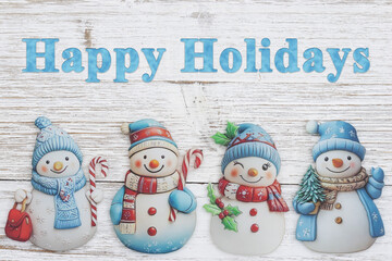 Cute snowman decorations beneath Happy Holidays text on rustic white wood, symbolizing festive cheer, winter celebration, and holiday themes
