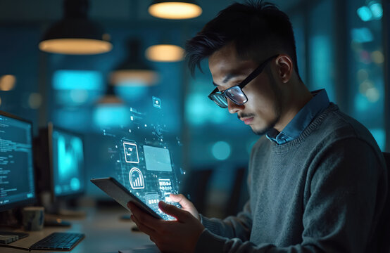 Asian man with glasses uses tablet computer in dark office late night. Digital data icons float around screen. Tech worker researches online, focused on job. Future network concept.