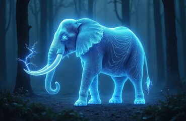 Naklejka premium Glowing blue elephant stands in misty dark forest. Lightnings radiate from trunk. Spirit animal guardian illustration evokes sense of magic, nature power in fantasy winter landscape. Art for card