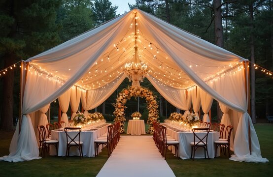 Outdoor wedding reception tent set up with tables, chairs, floral decor, fairy lights. Elegant chandelier hangs above archway with flowers. Guests anticipate event under trees at dusk. Romantic