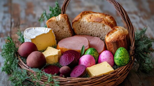 Colorful Easter basket filled with foods.