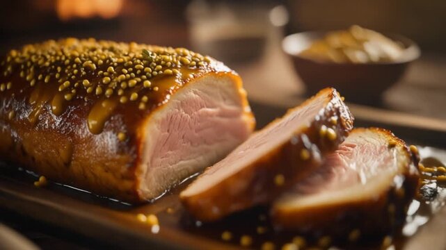 A seamless cinemagraph loop of a hot, juicy, honey-mustard pork tenderloin. This cinematic, ultra-realistic food shot is perfect for a cozy restaurant menu.