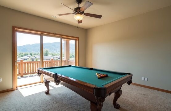 Spacious residential game room large green pool table with racked billiard balls. Wide glass sliding doors open to outdoor balcony. Beyond scenic mountain panorama, forest, distant houses. Bright - Powered by Adobe